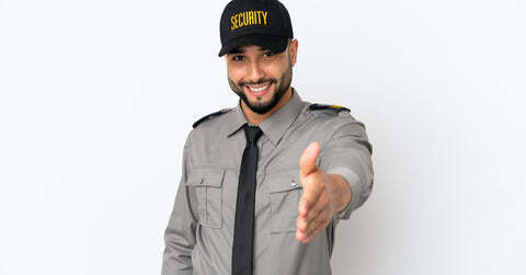 Security guard reaching arm out to shake hands